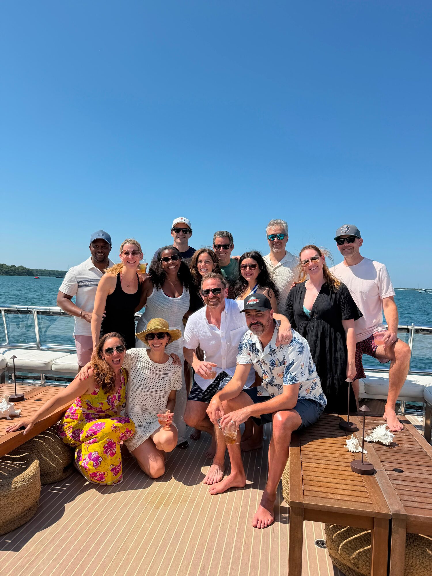 Group photo on the swim platform at a Hamptons sandbar