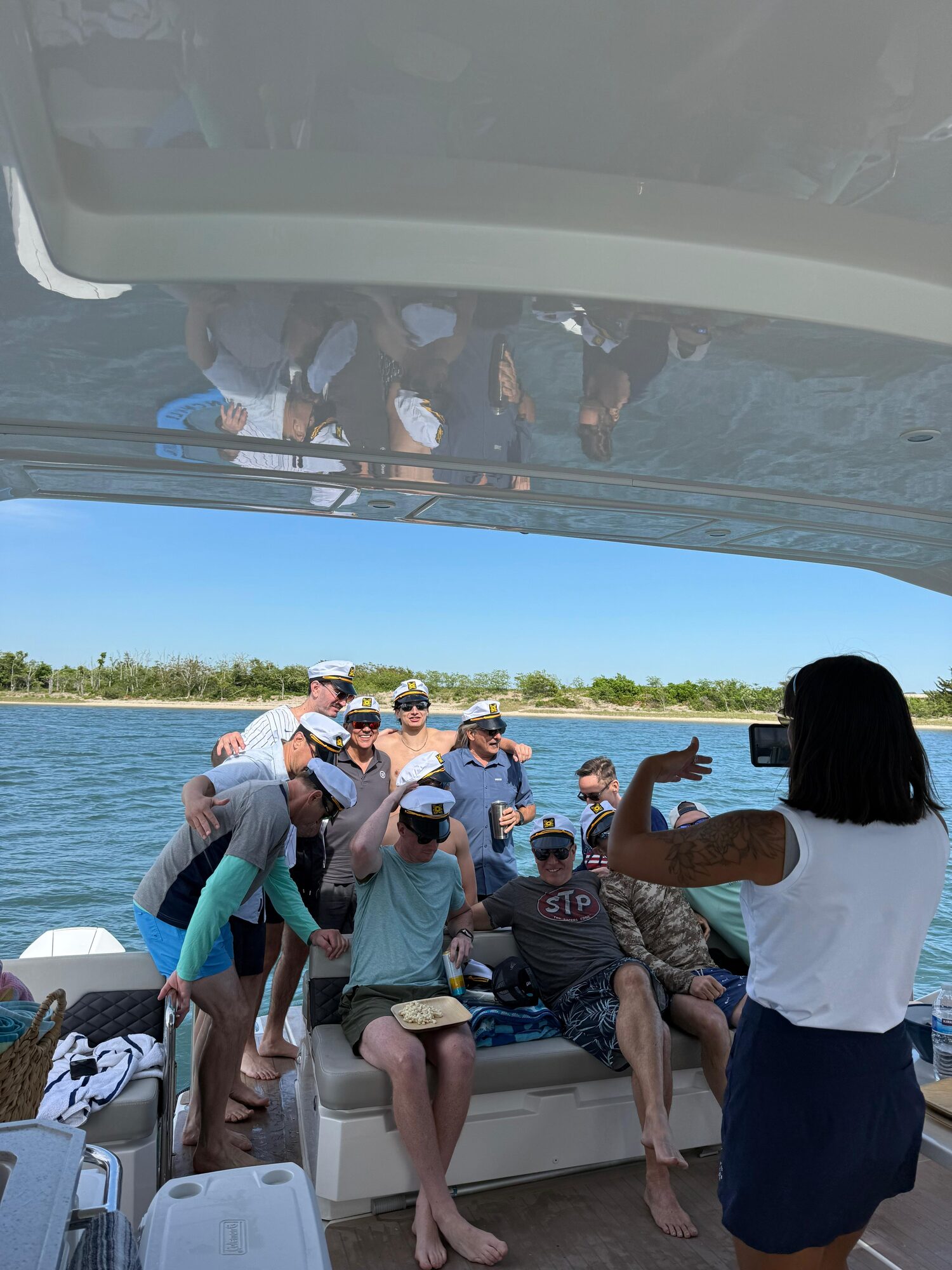 Group photo on the aft deck at a Hamptons sandbar