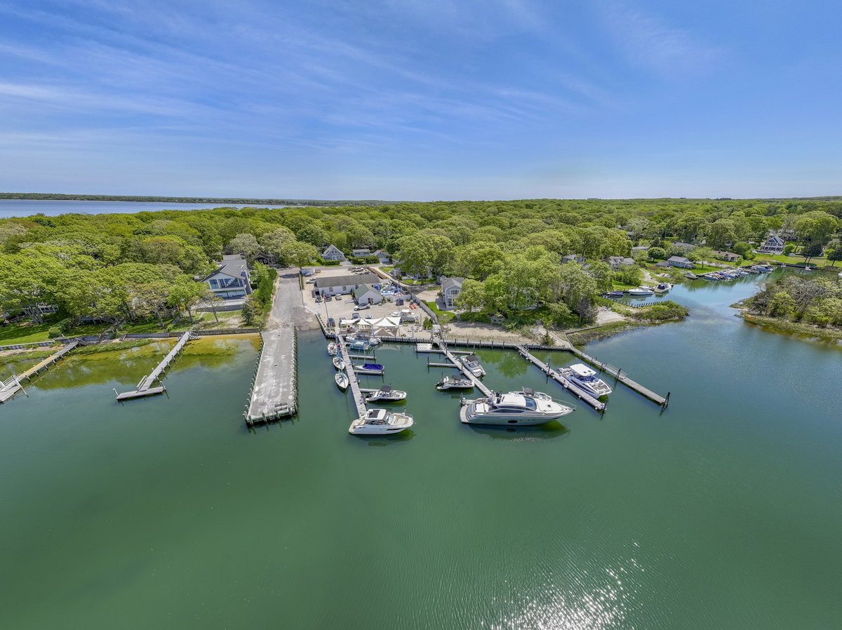 Aerial view of the Yacht Hampton marina and docks in Sag Harbor