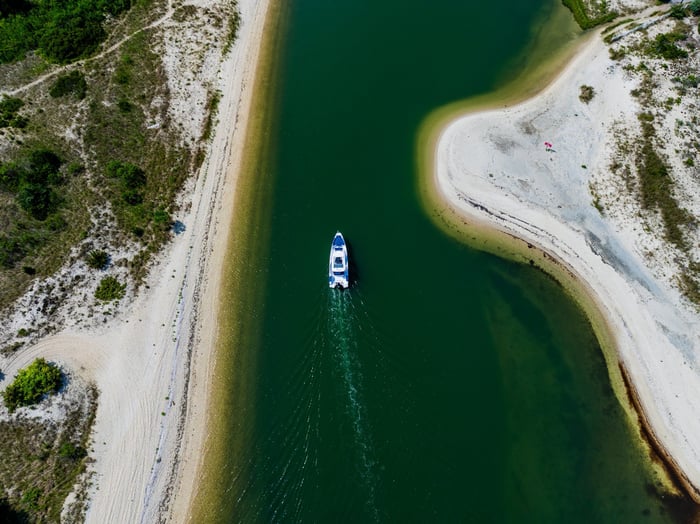 Aerial view of a charter cruising a channel between sandbars