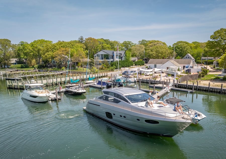 Aerial drone view of the Yacht Hampton Boating Club and Marina in Sag Harbor
