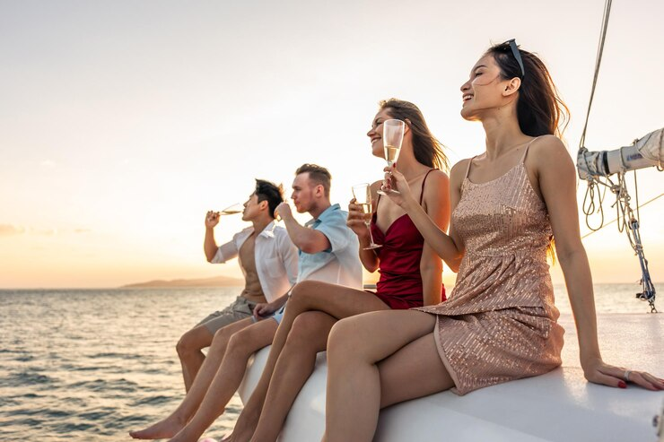 People in a yacht in The Hamptons drinking champagne